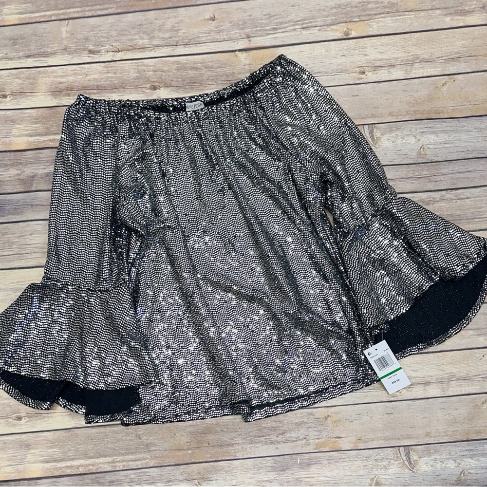 Sam and Jess sequin flare sleeve silver top L